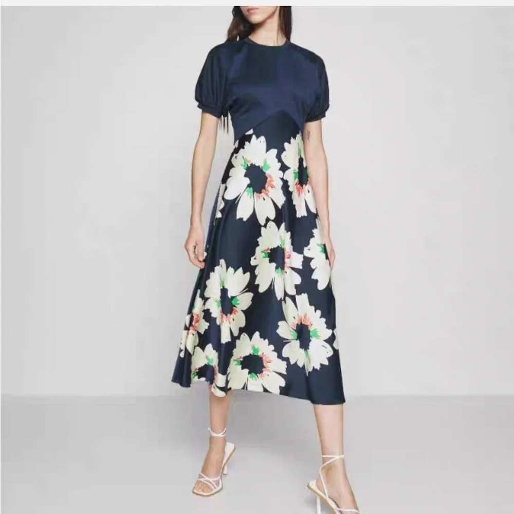 Ted Baker Daysiah Floral Ponte Midi Dress Navy Blue Short Puff Sleeve SZ 1 US 4